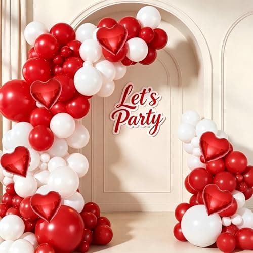 Red White Balloon Garland Arch Kit, 160Pcs Red and White Balloons with Heart Foil Balloons for Romantic Wedding Birthday Party Bridal Shower Valentines Day Decorations - Image 1