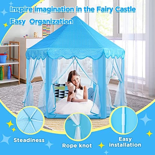 Monobeach Princess Castle Playhouse for Girls - Large Kids Tent with Star Lights for Indoor & Outdoor Play, 55'' x 53'' (DxH) (Blue Princess Tent with Little Star Lights) - Thumbnail 5