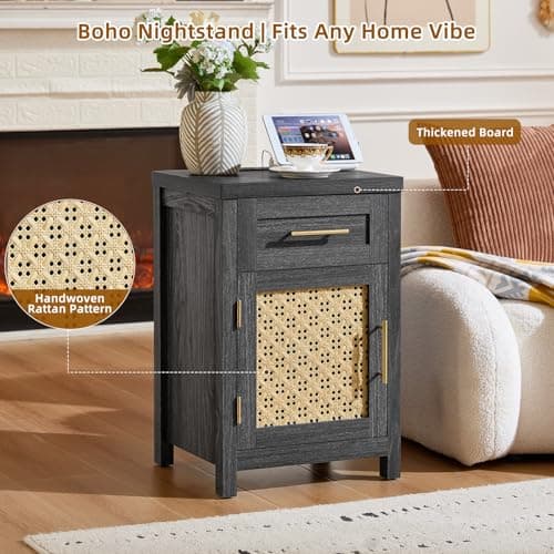 YUFAM Small Nightstand Set of 2 - Boho Rattan Night Stand with Type-C Charging Station for Bedroom, Nightstands w/Drawer for Small Space, Wood Bedside Table w/Adjustable Storage Shelf, Dark Grey - Thumbnail 6
