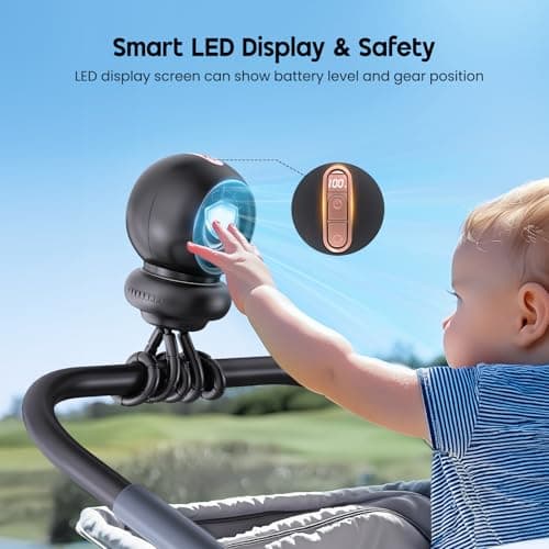 WITHOUSE Stroller Fan, Battery Operated Baby Stroller Fans, 8000mAh Rechargeable Fans, 75° Auto Oscillation Portable Fan, 5-12H Runtime, 4 Speeds Wind, Detachable Base & LED Display - Thumbnail 3