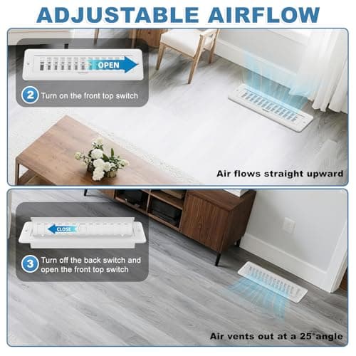 White Floor Register 2x10 with Vent Deflector, 2 in 1 Adjustable Floor Vent Covers, Floor Vent Deflectors Include Mounting Screws for Floor & Wall for Easy Install, Toe Kick Register Grille, 2 Pack - Thumbnail 6