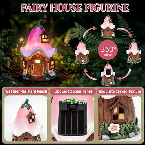 Solar Fairy Garden House, Whimsical Flower Cottage Fairy Figurines with Automatic Solar Lights, Hand-Painted Resin Garden Statue Unique Gift for Outdoor, Patio, Yard Art, Balcony, Porch Decor - Thumbnail 3