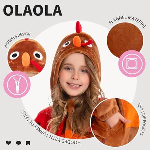 OLAOLA Turkey Kids Onesie, Thanksgiving Unisex Animal Onesies, Plush Cosplay Pajamas for Girls Boys, One Piece Sleepwear Halloween Costume - Thumbnail 5
