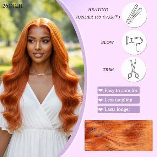 Barbique 26 Inch Orange Long Wavy 13x6 Lace Front Wig Synthetic Heat Resistant Glueless for Women Pre Plucked HD Transparent Lace Wigs with Baby Hair for Women - Thumbnail 2