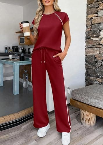 PRETTYGARDEN Two Piece Sets for Women 2026 Summer Vacation Outfits Cap Sleeve Tops Lounge Pants Matching Set Fashion Clothing (Burgundy,XX-Large) - Thumbnail 3