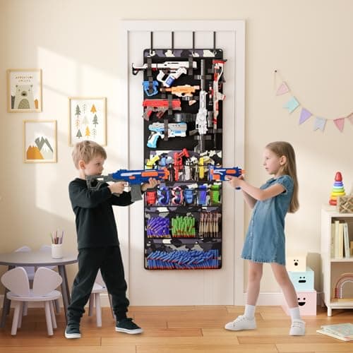 Over the Door Organizer for Toy Guns, Hanging Toy Guns Storage Organizer with Pockets and Slots for Kids Foam Blasters, Darts, Goggles, Toys Storage Door Hanger for Kids Rooms, Game Rooms, Camouflage - Thumbnail 2