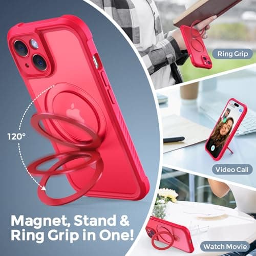 MOCCA Design for iPhone 15 Case with Magnetic Invisible Stand [Full Camera Protection] [Compatible with Magsafe] Military Drop Shockproof Translucent Matte Phone Case Cover 6.1",Red - Thumbnail 4