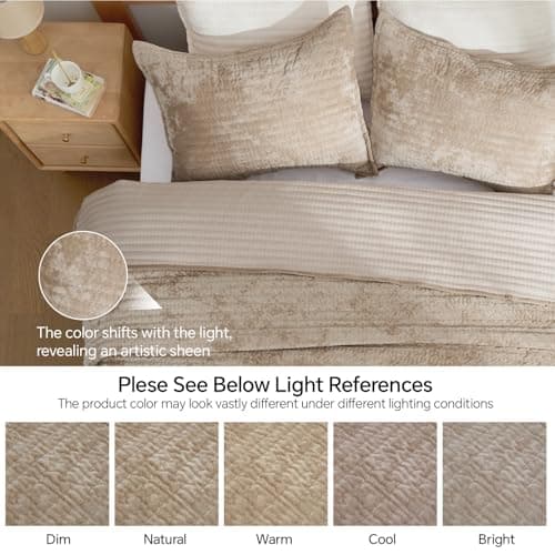 BEDELITE Velvet Quilt Set King Size, Luxury Velvet Comforter for All Season, Lightweight Soft Quilted Bedding Set, Striped Channel Oversized Bedspread Coverlet with 2 Pillow Shams, Taupe - Thumbnail 3