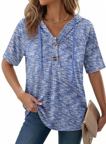 Dokotoo Womens Tops Spring Summer Waffle Knit Short Sleeve Shirts for Women Lightweight Soft Drawstring Sweatshirt Button V Neck Casual Blouse Boho Vacation Outfits Fashion Clothing Sky Blue XX-Large - Image 1
