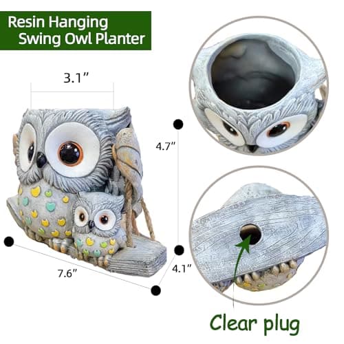 Swing Owl Hanging Planters for Indoor Plants, Cute Small Succulent Pots with Drainage Hole, Unique Resin Plant Hangers Outdoor, Hanging Plant Holder for String Of Pearls, Gift Ideas for Mother - Thumbnail 2