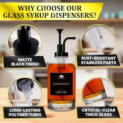 Set of 4 Glass Coffee Syrup Dispenser with Pump 16.9oz 500 ml – 18 Marked Labels – Leak-Proof Glass Syrup Bottles for Coffee Bar, Espresso Station & Barista Setups | Parties & Event Ready (Black) - Thumbnail 3