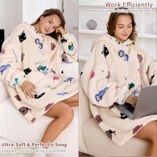 Aemilas Wearable Blanket Hoodie Gifts for Women and Men, Comfy Sherpa Hoodies Blankets Sweatshirt for Adult Teens Girls & Boys with Big Pocket, Cartoon Animal Print - Thumbnail 5