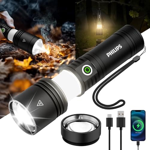 Philips Rechargeable Flashlights High Lumens with Ignition Lens,5000lm Tactical Flashlights with Camping Lamp,2 Colors Zoomable 5Modes Reverse Charging LED Bright Flashlight for Home Outdoor Gift - Image 1