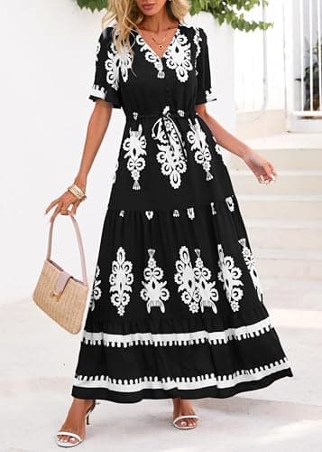 Lazysmile Summer Dresses for Women Short Sleeve V Neck Floral Drawstring Flowy A Line Boho Maxi Dress with Pockets Black - Thumbnail 3