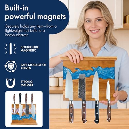 Magnetic Knife Holder - Double-Sided Blue Resin & Acacia Wood, River Design Knife Stand, 12.6 × 9.85 Inches (Knives Not Included) - Thumbnail 4
