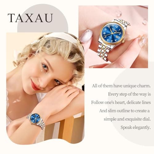 Taxau Watch Women Luxury Fashion Silver and Gold Two Tone Stainless Steel Watches for Women Blue Small Face Waterproof Women's Watches with Date Classic Dress Analog Quartz Ladies Watch Reloj Mujer - Thumbnail 5