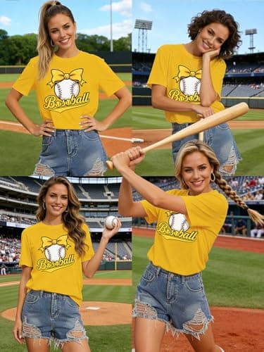 Baseball Shirts for Women Cute Bow Graphic T-Shirt Softball Mom Tee Funny Baseball Fan Short Sleeve Top Yellow - Thumbnail 5