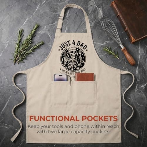 Shescrzionu Funny BBQ Aprons for Men with Skull,Large Mens Kitchen Work Apron for Cooking Grilling,Waterproof Apron with Dual Pockets Adjustable Fit,Great Dad Apron for Man Chef Creative Gifts-A03 - Thumbnail 3