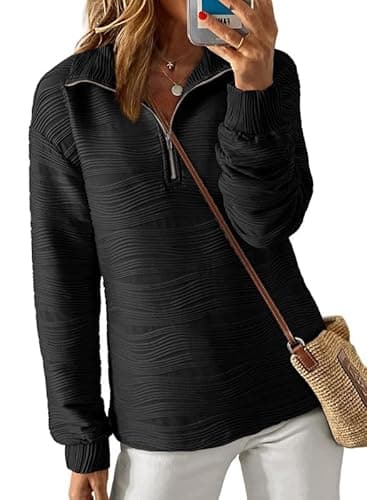 Dokotoo Womens Half Zip Pullover Long Sleeve Shirts Sweatshirts for Women Blouses Textured Tunic Tops Teen Girls Fall Jackets Winter Outfits Clothes Black Large - Image 1
