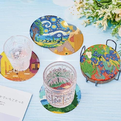 8 Pcs Diamond Art Coasters Kit with Holder, DIY Famous-Painting Diamond Painting Coasters for Beginners Adults, Non Slip Diamond Art Kits Craft Supplies 4x4inch - Thumbnail 5