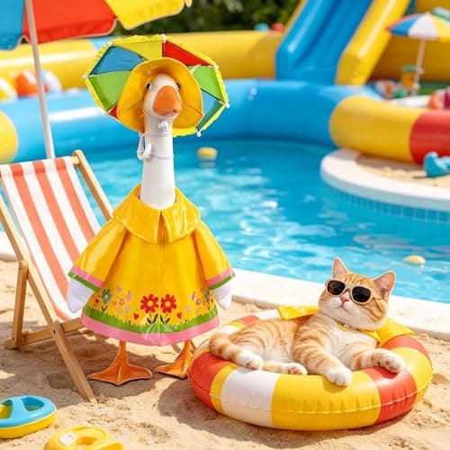 yuboo Summer Porch Goose Outfit for 23 Inch Cement Goose,Yellow Raincoat Goose Clothes with Rainbow Umbrella,Hat, Garden Costume for Lawn Porch Yard Outdoor Decor - Thumbnail 6