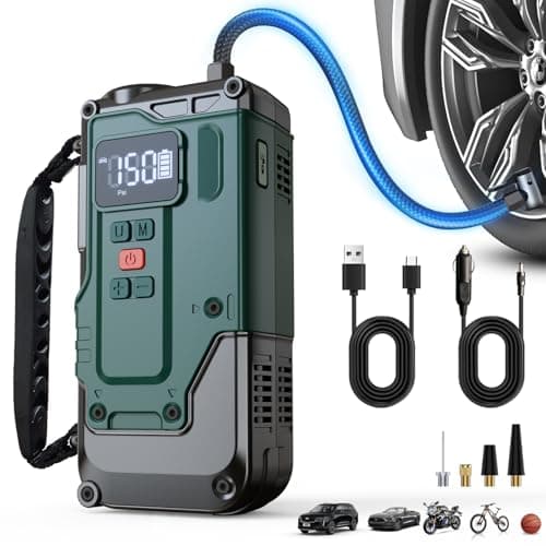 Cordless Tire Inflator Portable Air Compressor - 8000mAh & 12V DC Dual Power, 8X Faster, 150 PSI Air Pump for Car Tires, Bicycle, Motorcycle, Ball, with Pressure Gauge, LED Light, Auto Shut-Off