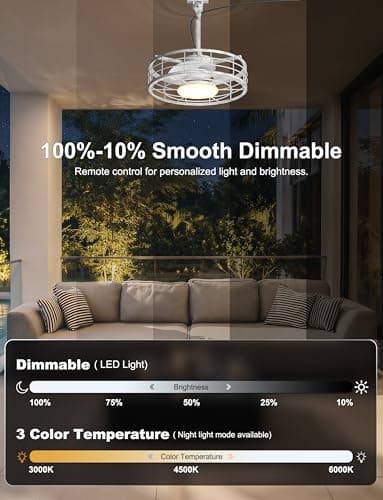 Phylluz Outdoor Ceiling Fan with Lights - 16'' Antique White Distressed Wet Rated Gazebo Fan Remote/APP Control, Caged Hanging Fan Plug and Play for Covered Patio Porch - Thumbnail 4