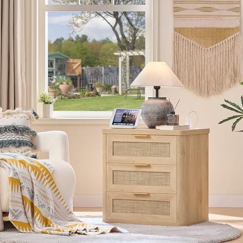 LEYAOYAO Rattan Night Stand Set of 2 with Charger Station, 23" Large 3 Drawer Boho Nightstand, Natural Wood Bedside Table Storage Cabinet, Bed Side End Tables for Bedroom, Living Room, Hallway - Thumbnail 6