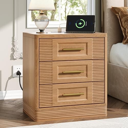 RECHHX 3 Drawer Dresser for Bedroom, 25.6" Tall Nightstand with Charging Station, Farmhouse 23.6" Wide End Table, Thermoformed Curved Small Chest of Drawers for Bedroom, Living Room, Nature Oak - Image 1