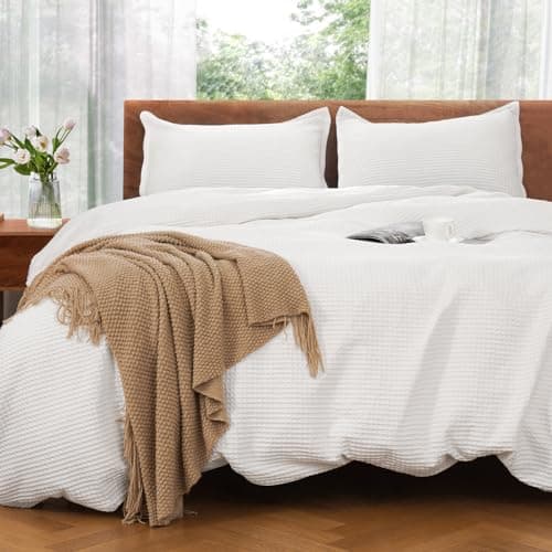 VALUXE Duvet Cover Set Queen Size 100% Cotton,White Waffle Weave Soft and Breathable 3 PCs Bedding Set (1 Duvet Cover and 2 Pillow Sham) - Image 1
