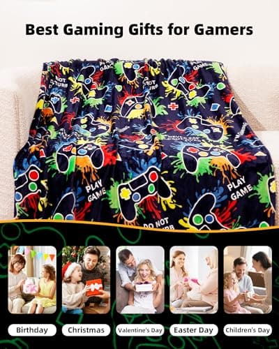 Gaming Gifts for Gamer Glow in The Dark Blanket: Cool Birthday Glowing Presents Toys for Video Game PC Gamers Men Teen Boys Kids Adults Girls Valentines Easter Christmas Ideas Throw Navy Blue 60x50 In - Thumbnail 2