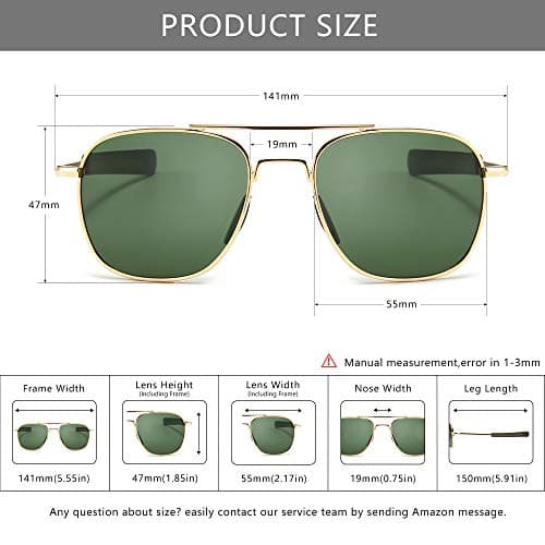 SUNGAIT Men's Military Style Polarized Pilot Aviator Sunglasses - Bayonet Temples (Gold Frame/Green Lens, 55) A285JKLV - Thumbnail 5
