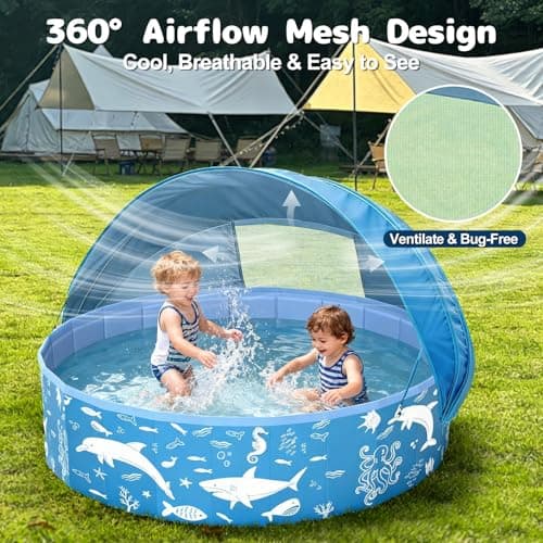 63” Extra Large Kiddie Pool with Canopy, EPN UPF 50+ Sun Shade Baby Pool, No Inflation Foldable Toddler Pool for Backyard Outdoor & Beach, Portable Thickened PVC BPA-Free Kids Water Play Pool, Blue - Thumbnail 3