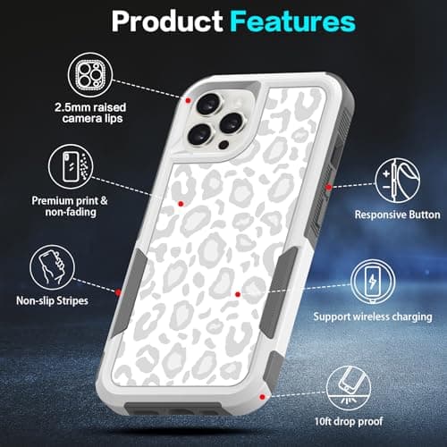 LOQUPE [5 in 1 for iPhone 15 Pro max Case,with 2 Pack Screen Protector + 2 Pack Camera Lens Protector,Heavy-Duty Tough Rugged Lightweight Slim Shockproof Protective Case for Women,Cute White Leopard - Thumbnail 6