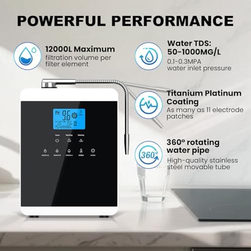11 Titanium Plates Alkaline Water Ionizer Machine for Home, Alkaline Water Machine pH 3.5-10.5 Acid Water Purifier Water Generator Water Filter Up to -600mV ORP, 10000 Liters Per Filter, Auto-Cleaning - Thumbnail 5