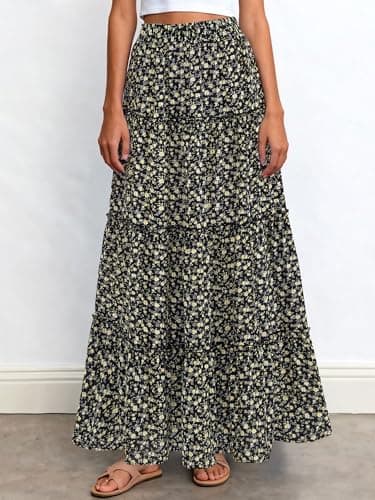 BTFBM Floral Maxi Skirts for Women Summer Spring 2026 Elastic Waist Tiered Flowy Beach Vacation Boho Midi Long Skirt(Floral Black Yellow, Small) - Thumbnail 5