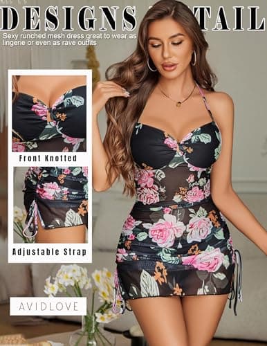 Avidlove Lingerie for Women Mesh Babydoll Lingeries Lace Chemise Sheer Sleepwear Bodycon Dress Boudoir Outfit Black Flower - Thumbnail 4