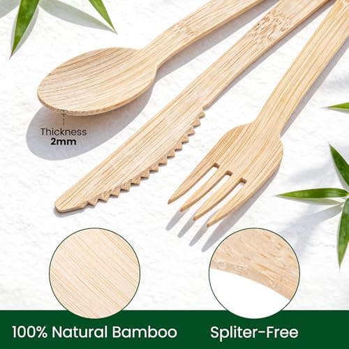 Weemium Bamboo Cutlery Disposable Set, [150 Pack] Heavy-Duty Bamboo Utensils Disposable Silverware, FSC Certified 100% Biodegradable and Compostable Utensils, 60 Forks, 60 Spoons, 30 Knives - Thumbnail 4