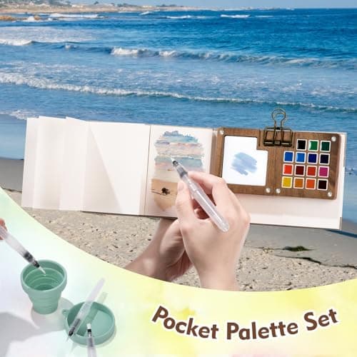 Mini Watercolor Paint Set, Mini Watercolor Travel Kit Wooden Palette with 24 Color, Brush, Sketchbook, Metal Clip, Water Cup for Adults Painting Enthusiasts - Thumbnail 3