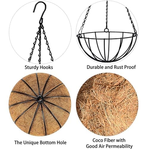 Kingbuy 12" Metal Hanging Basket for Herbs & Flowers – 6" Depth Rust-Resistant Wire with Coconut Liner & Adjustable Chains for Kitchen Window, Balcony & Garden - 2 Pack - Thumbnail 5