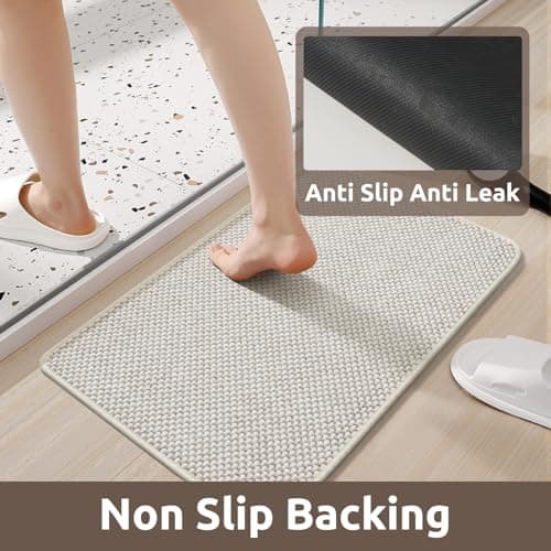 AMOAMI Chenille Bath Mat Super Absorbent Bathroom Mat Quick Dry Bath Mats for Bathroom Rubber Backed Bathroom Rugs Non Slip Washable Fit Under Door, Front of Bathtub, Sink, Beige&White 24"x36" - Thumbnail 5