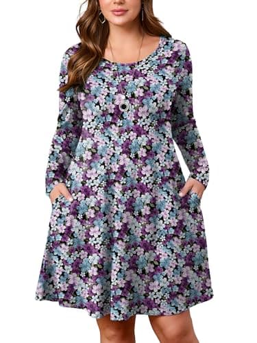 AusLook Plus Long Sleeve Dress for Women 2025 Fall Winter Casual Flowy A-Line Boho Midi Party Vacation Maternity Wedding Guest Work Tricolor Blossoms 2X Dresses with Pockets - Image 1