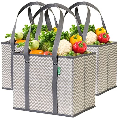 Reusable Grocery Bags (3 Pack) – Heavy Duty Reusable Shopping Bags with Box Shape to Stand Up and Stay Open – Large Tote Bags with Long Handles & Reinforced Bottom – Foldable Utility Bag – Chevron