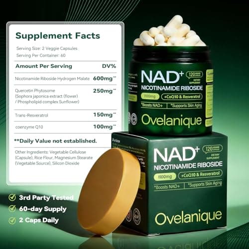 Ovelanique NAD Supplement with Nicotinamide Riboside & Resveratrol |NMNH Supplement Alternative| NAD+ Complex with Quercetin Phytosome & CoQ10 | Liposomal Delivery,120 Capsules(Packaging May Vary) - Thumbnail 2