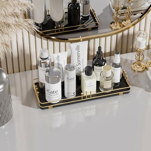 Pursura Bathroom Vanity Tray for Countertop Toiletries Perfume Makeup Soap Dispenser Toilet Tank, Kitchen Tray for Salt Spice, Decor Tray for Candle Nightstand Coffee 11.3”x 4.4” Black-Gold - Thumbnail 3