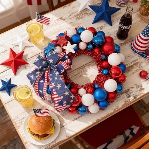 HipTree 16 Inch Patriotic Ball Wreath for Front Door with Lights, 4th of July Wreath with Red White Blue Stars & Ribbon for Memorial Day, Independence Day,Veterans Day, Flag Day,Summer Decorations - Thumbnail 5