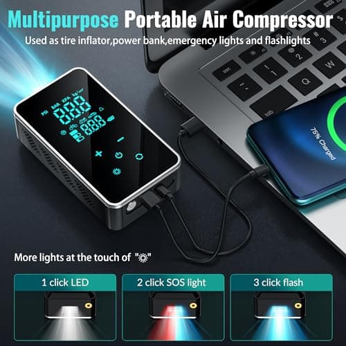 Tire Inflator Portable Air Compressor-150PSI Air Pump for Car, Bike Pump Touch Screen/Gauge/Light, Tire Pump 3X Faster Inflation with Tire Pressure Gauge for Motorcycle, Bike, Ball - Thumbnail 6