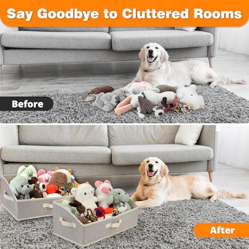 Jumpress 2 Pack Dog Toy Basket, Collapsible Cat Dog Toy Bin with Handles, Fabric Trapezoid Dog Toy Box Storage for Pet Dog Toys,Blankets,Clothes and Accessories (Ecru) - Thumbnail 4