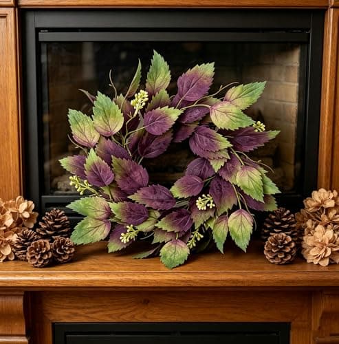 2 Pcs 16" Purple Hibiscus & Eucalyptus Leaf Wreath - Artificial Greenery Candle Ring Wreath for Front Door, Porch, Window, Farmhouse & Home Holiday Decor - All Season Wreath - Thumbnail 4