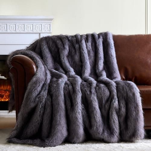 GEMBED Fluffy Faux Fur Throw Blanket – Super Soft Warm Thick Plush Blanket for Bed, Couch & Office, Cozy Fuzzy Throw with Flannel Backing,50"x60", Grey - Image 1